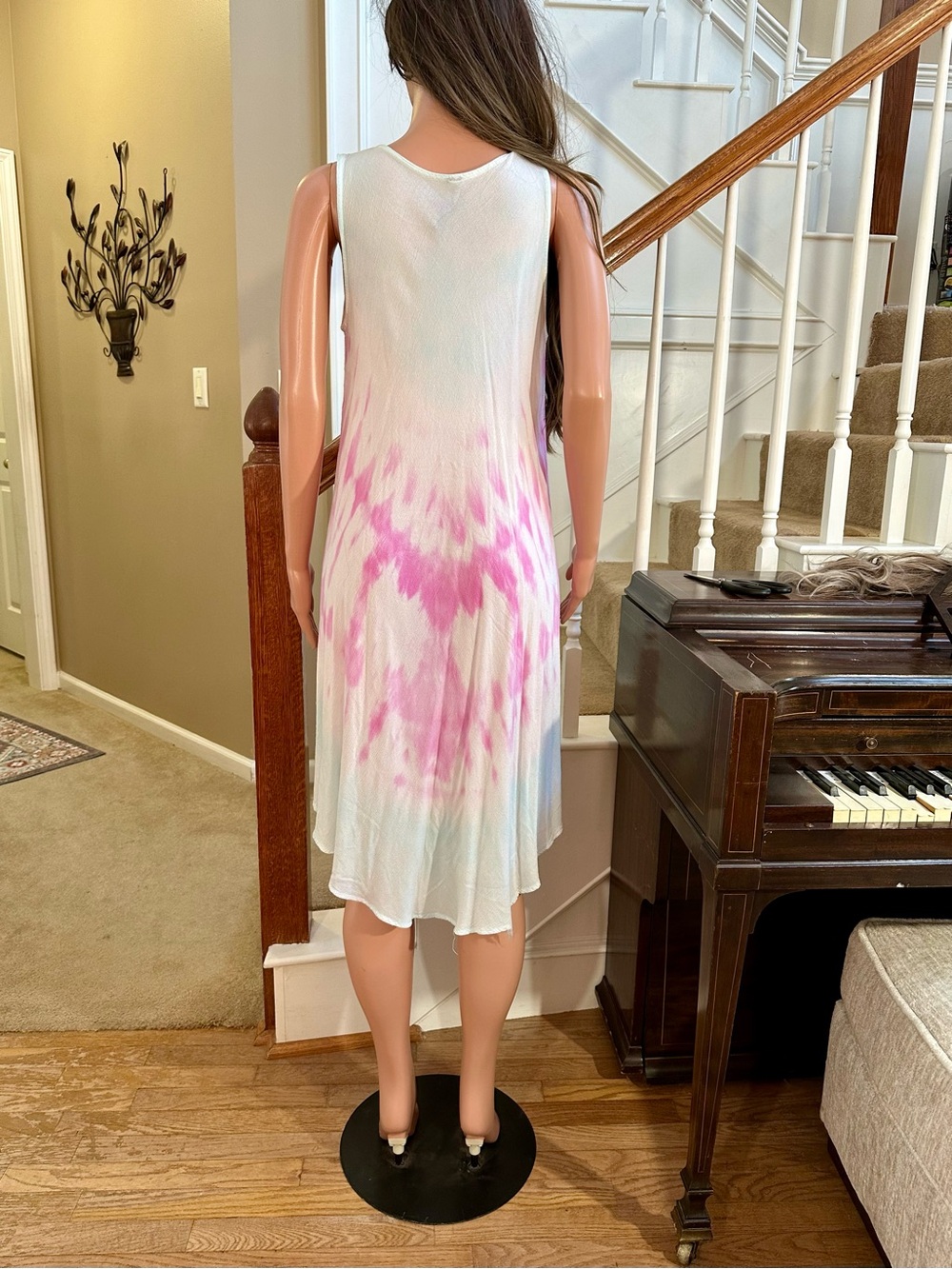 Sleeveless Floral Tie-Dye Swing Dress in Pink, Blue & Yellow - Picture 11 of 14